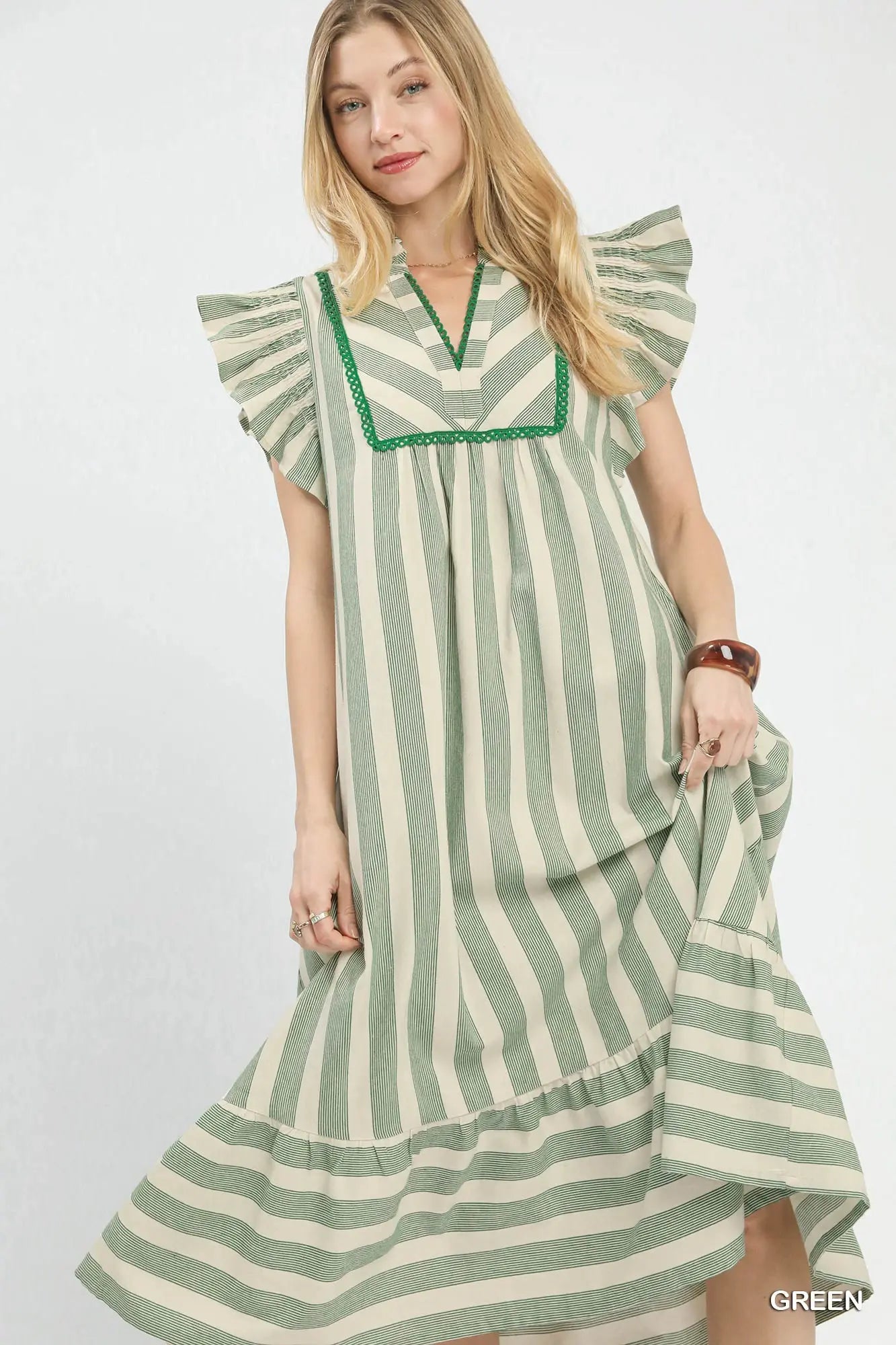 Green Striped Ruffle Dress