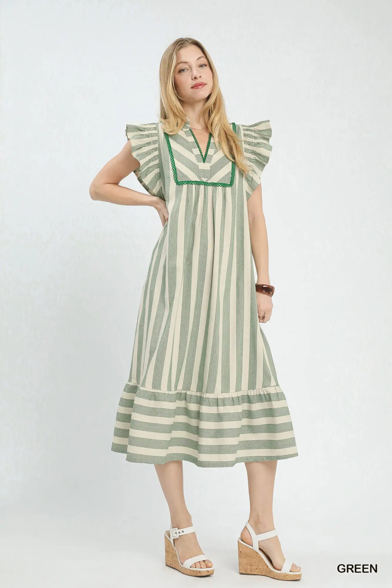 Green Striped Ruffle Dress