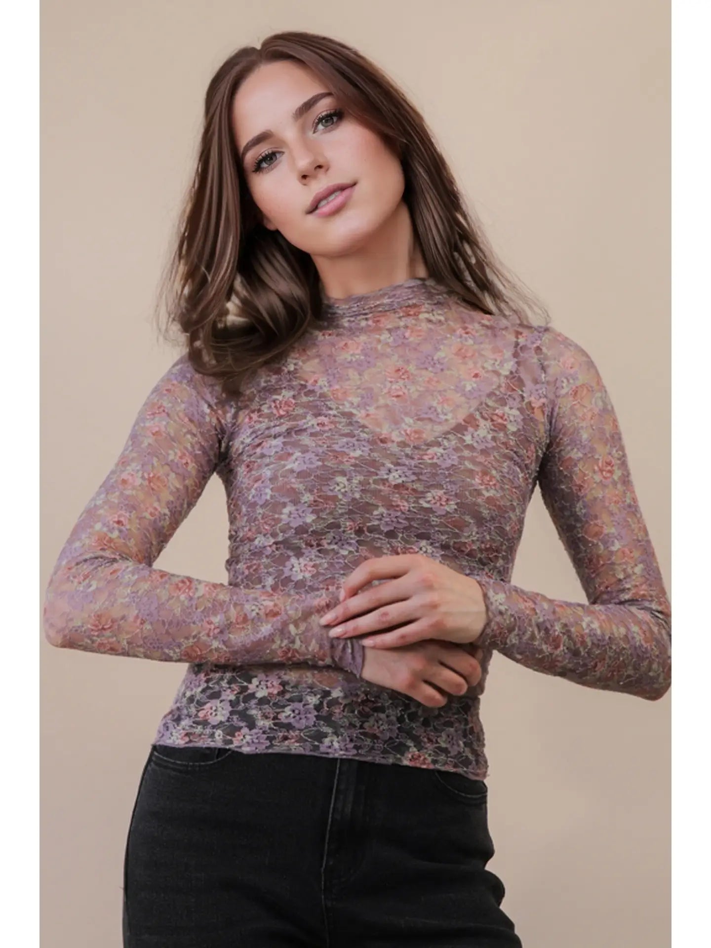 High Neck Fitted Sheer Mesh Lace Knit Top