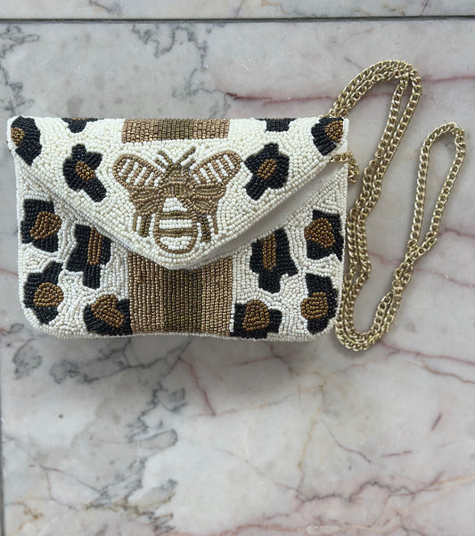 White Leopard Bee Beaded Bag