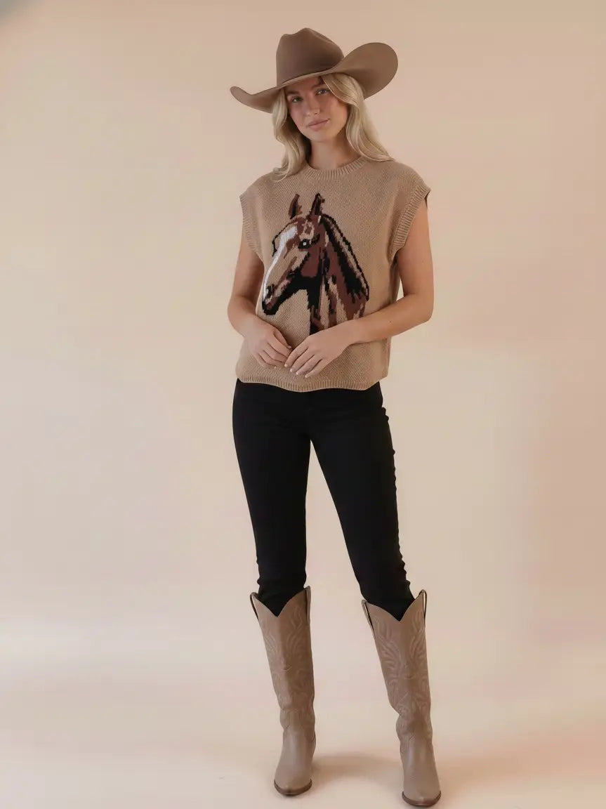 Western Horse Graphic with Scallop Hem Vest Sweater