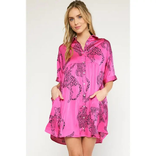 Satin Collard Dress Pink Cheetah