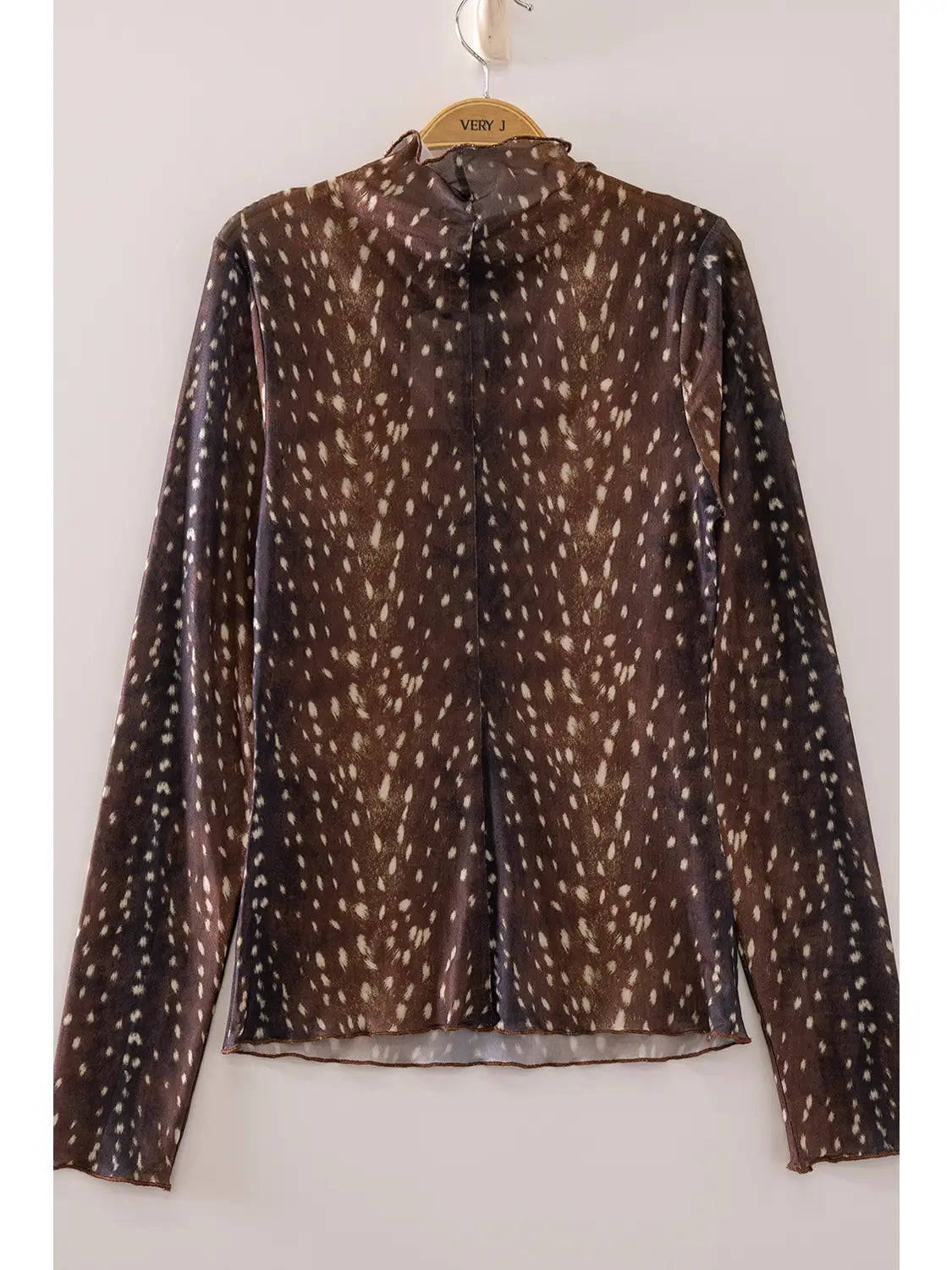 High Neck Fitted Sheer Mesh Lace Knit Top (Bambi)