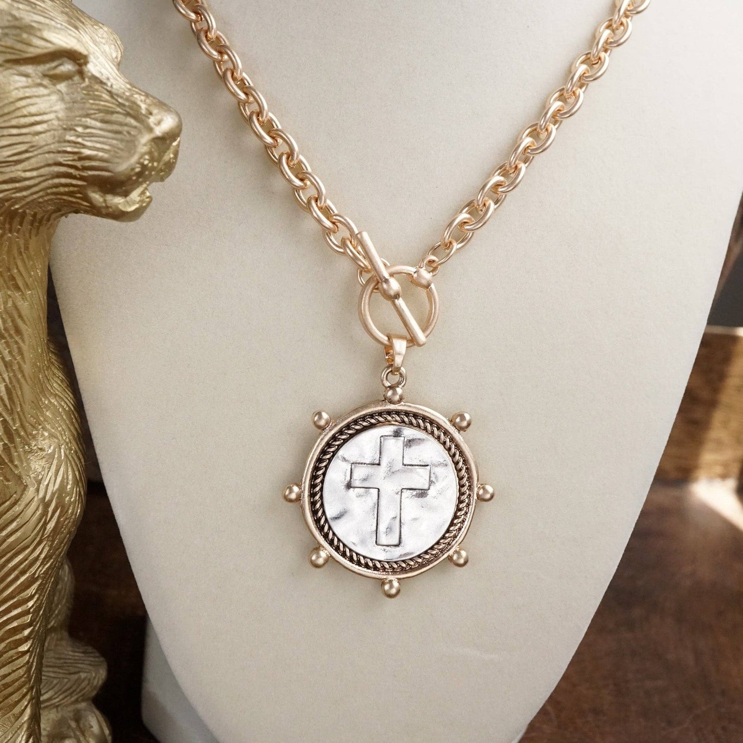 Cross Coin Chain Necklace with Front Toggle Closure – Silver