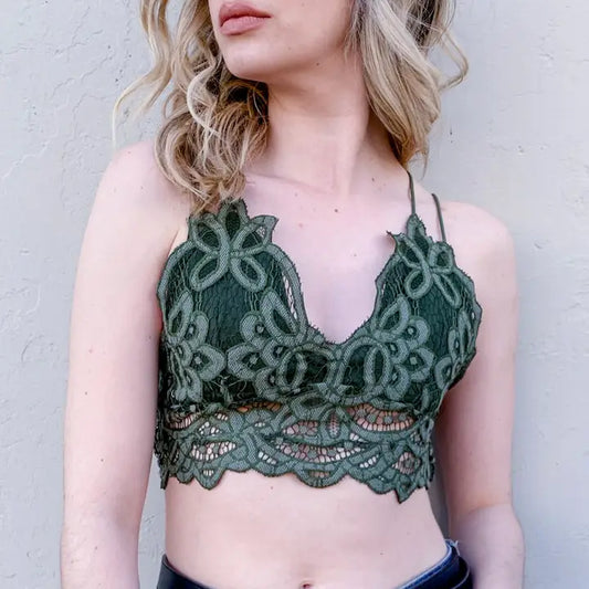 Lace Bralette With Smocked Back Detail Olive