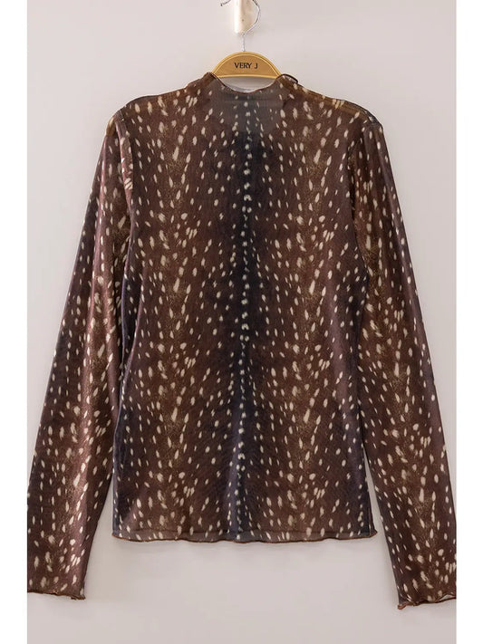 High Neck Fitted Sheer Mesh Lace Knit Top (Bambi)