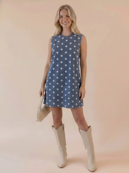 Polka Dot Sleeveless Short Length Light Wash Denim Dress