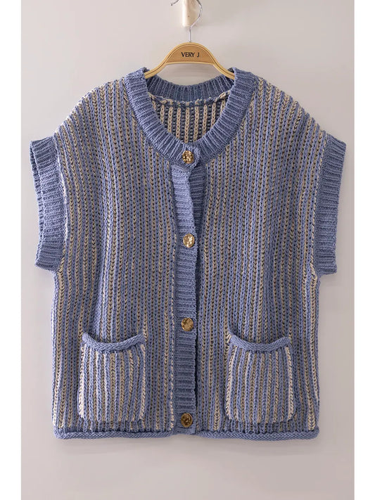Two-Tone Rib Knit Vest Cardigan