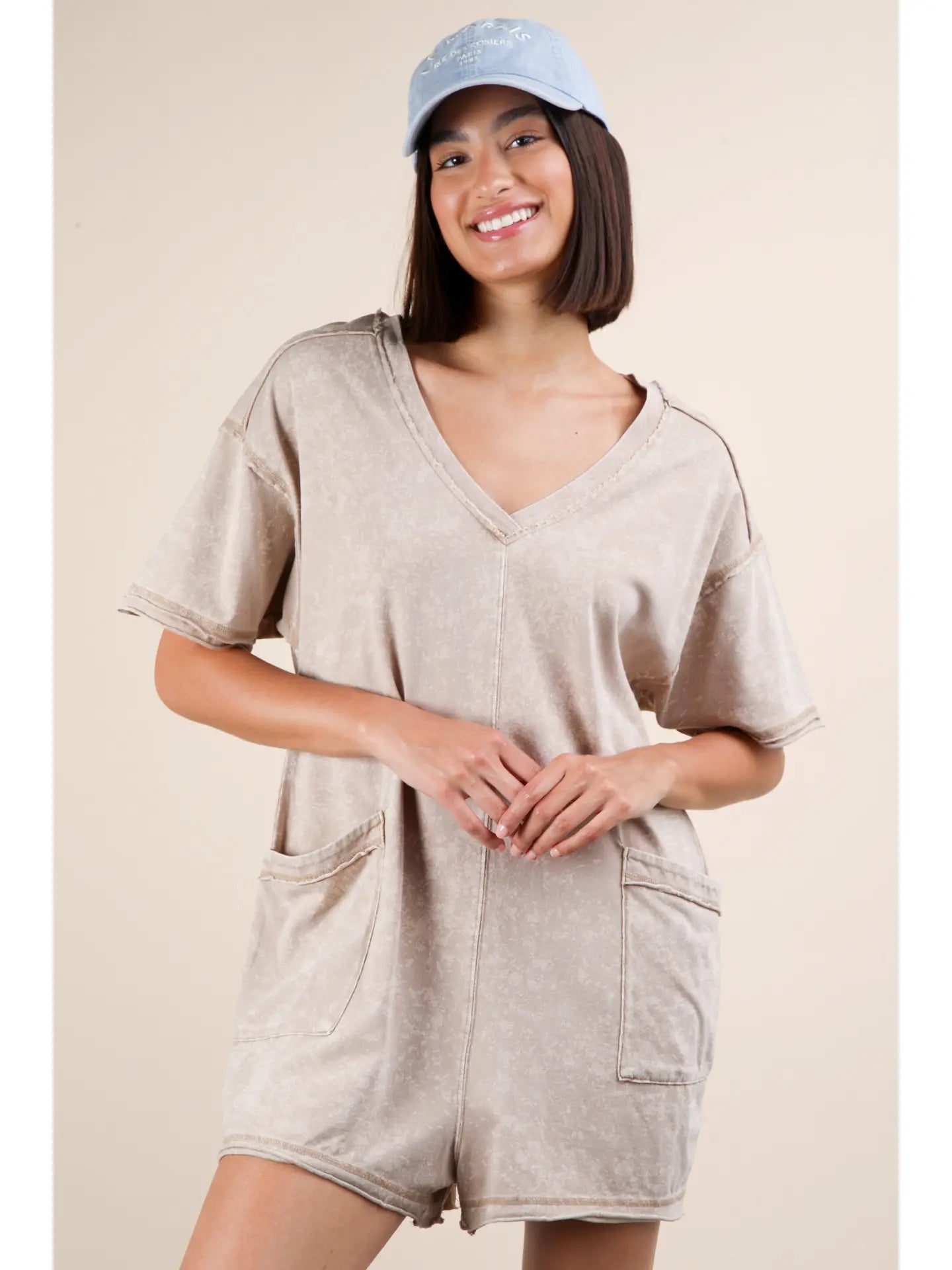 Taupe Mineral Washed Knit Mini Dress with Shorts Inside