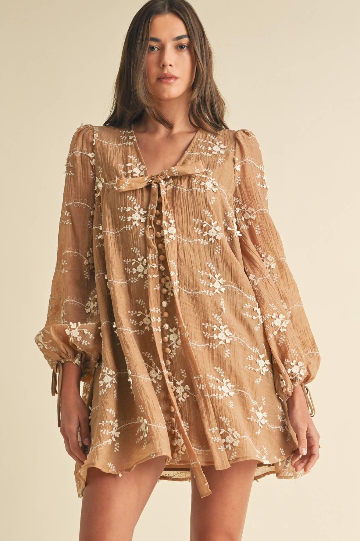 Sheer Floral Mini Dress with Balloon Sleeves