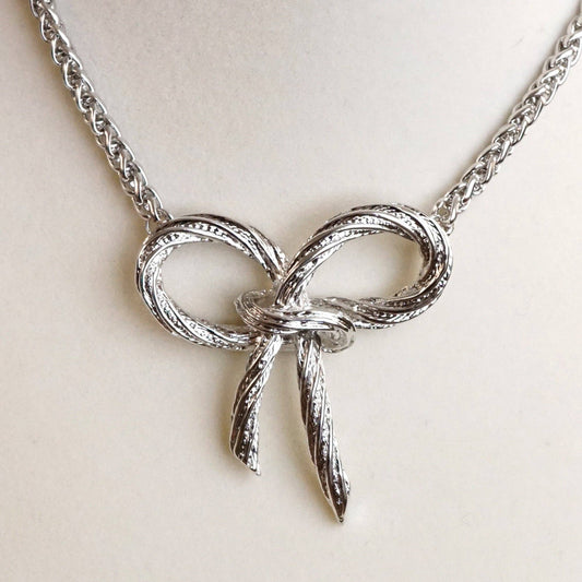 Large Rope Textured Bow Pendant Statement Necklace Silver Tone