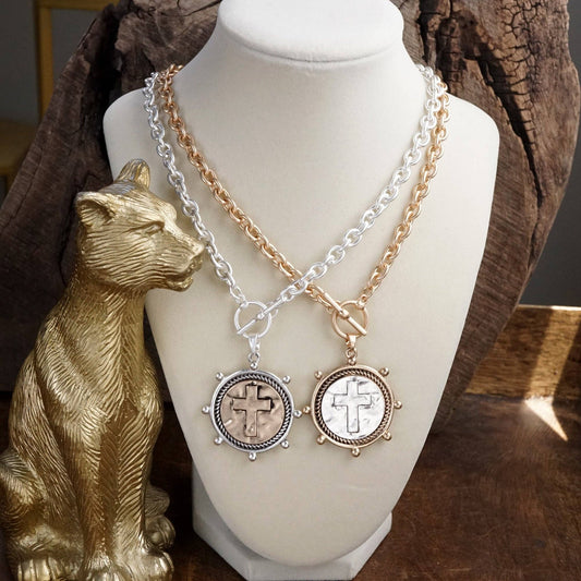 Cross Coin Chain Necklace with Front Toggle Closure – Silver