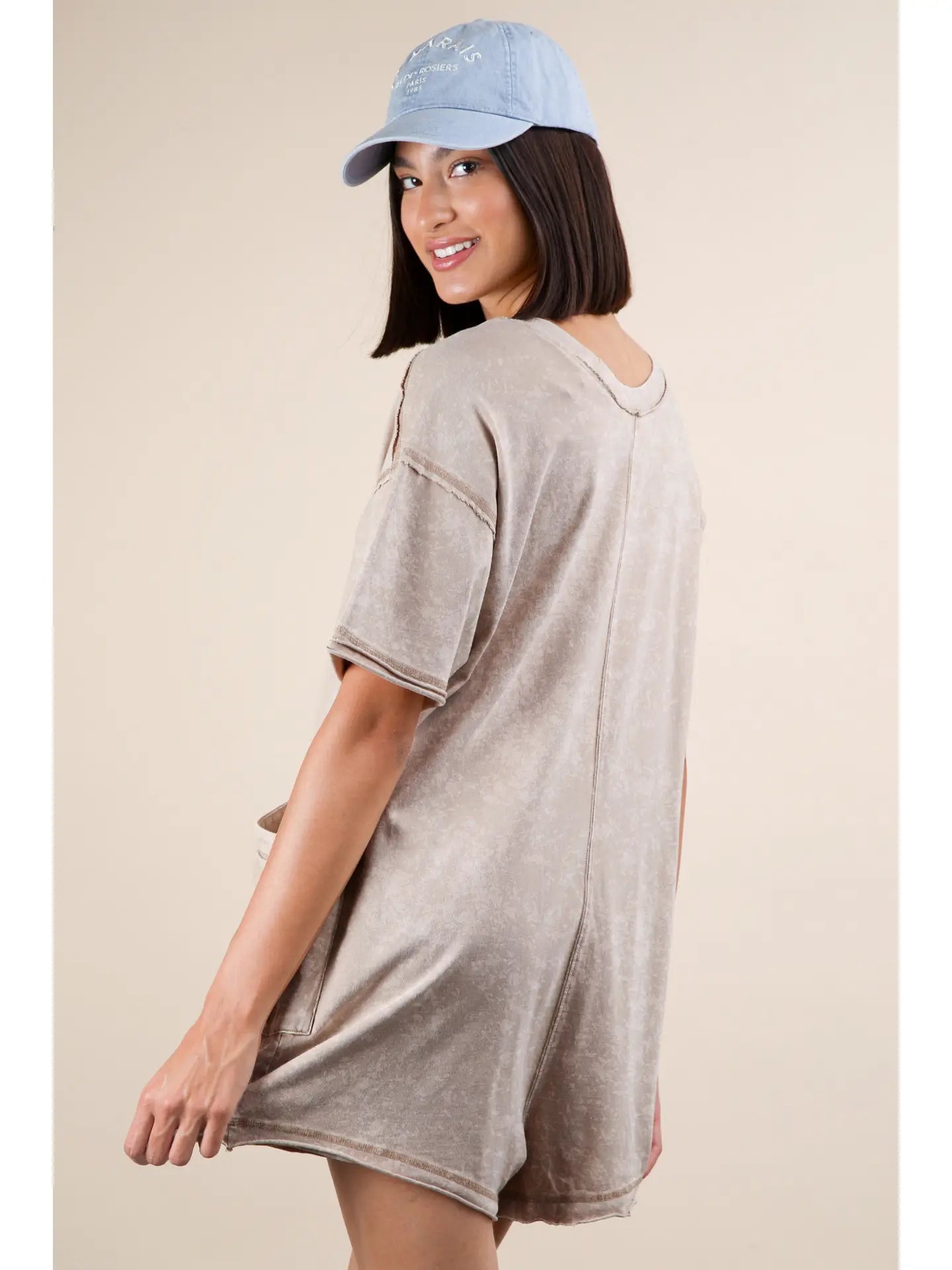 Taupe Mineral Washed Knit Mini Dress with Shorts Inside