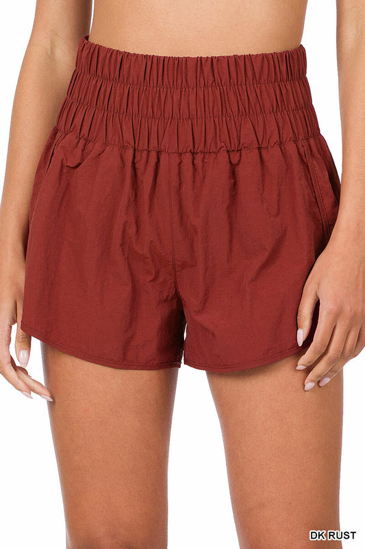 Dark Rust High Waisted Windbreaker Shorts