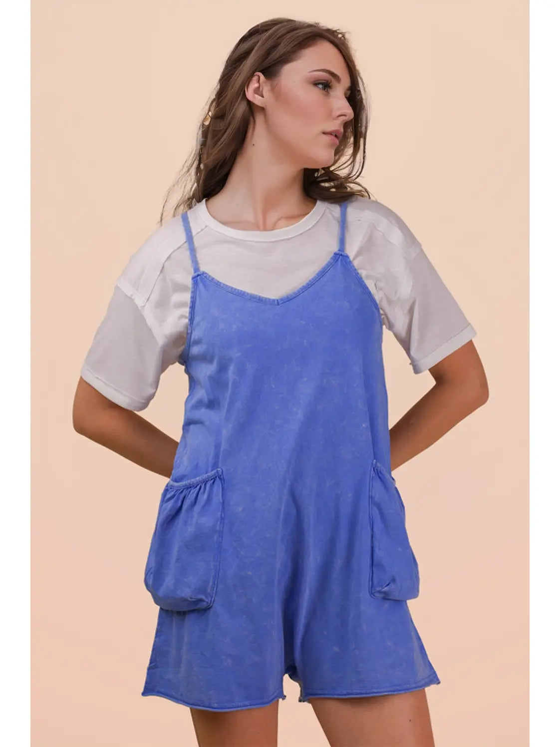 Blue Mineral Washed Sleeveless Casual Knit Romper
