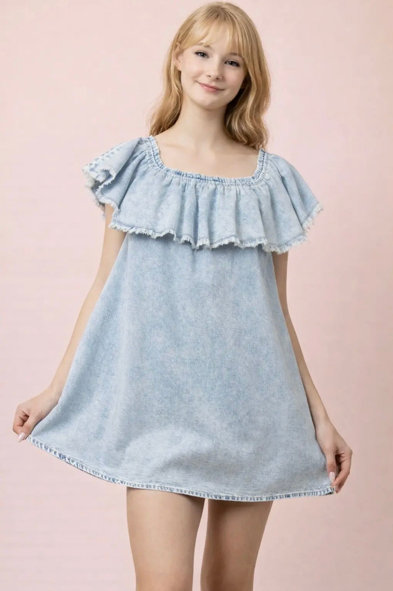 Off Shoulder Washed Chambray
Mini Dress