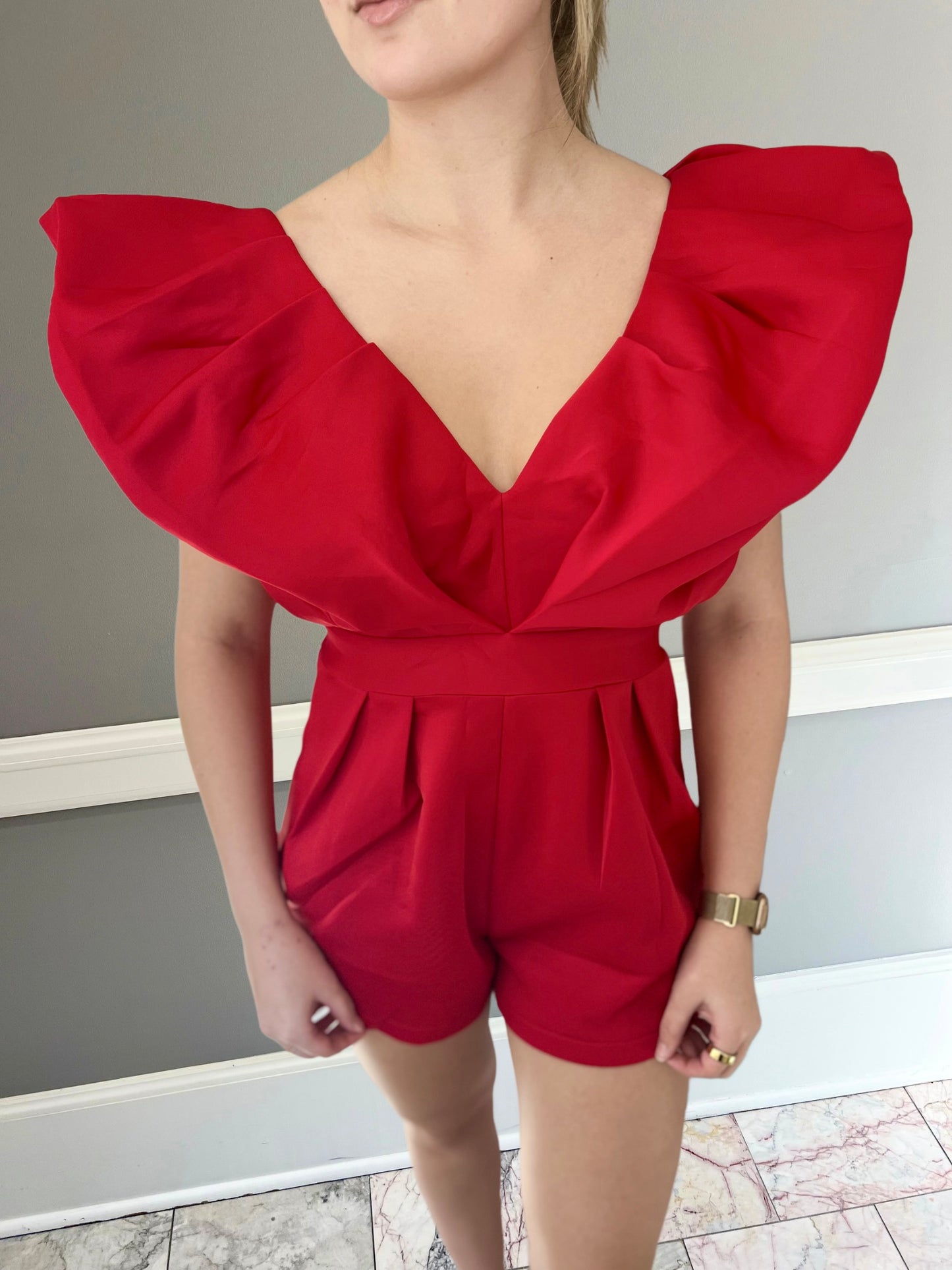 Day+Moon Scuba V-Neck Ruffle Sleeve Romper