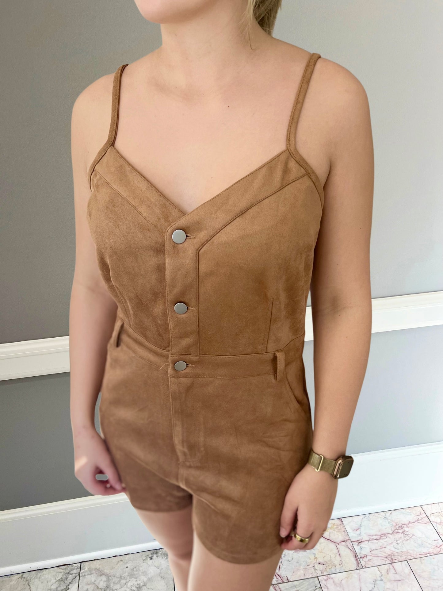 Day+Moon Suede Romper w Button Front & Pocket