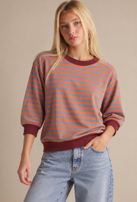 3/4 Sleeve Blue and Orange Striped Sweatshirt