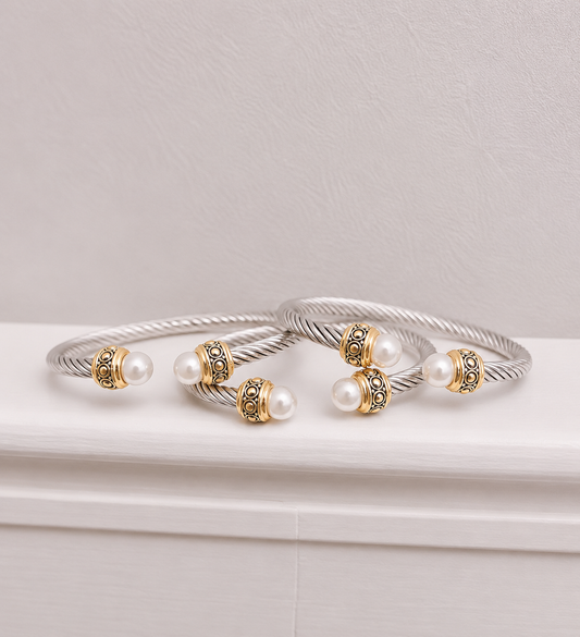 Pearl & Gold Accent Cable Cuff Bracelet