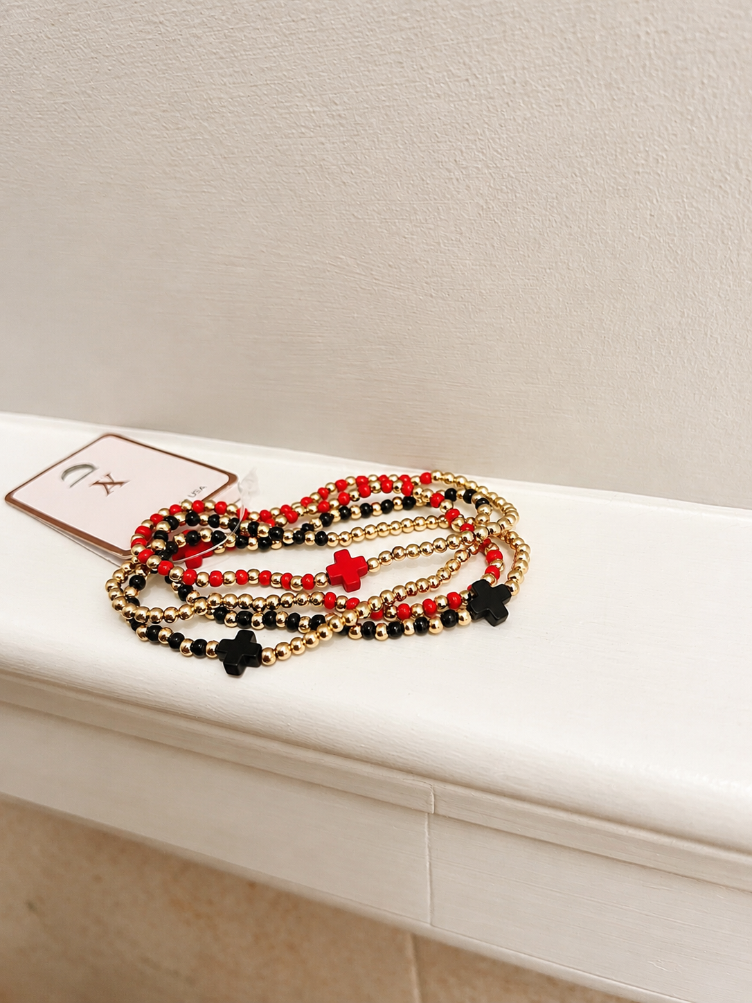 Red/Black Game Day Bracelet Stack with Crosses