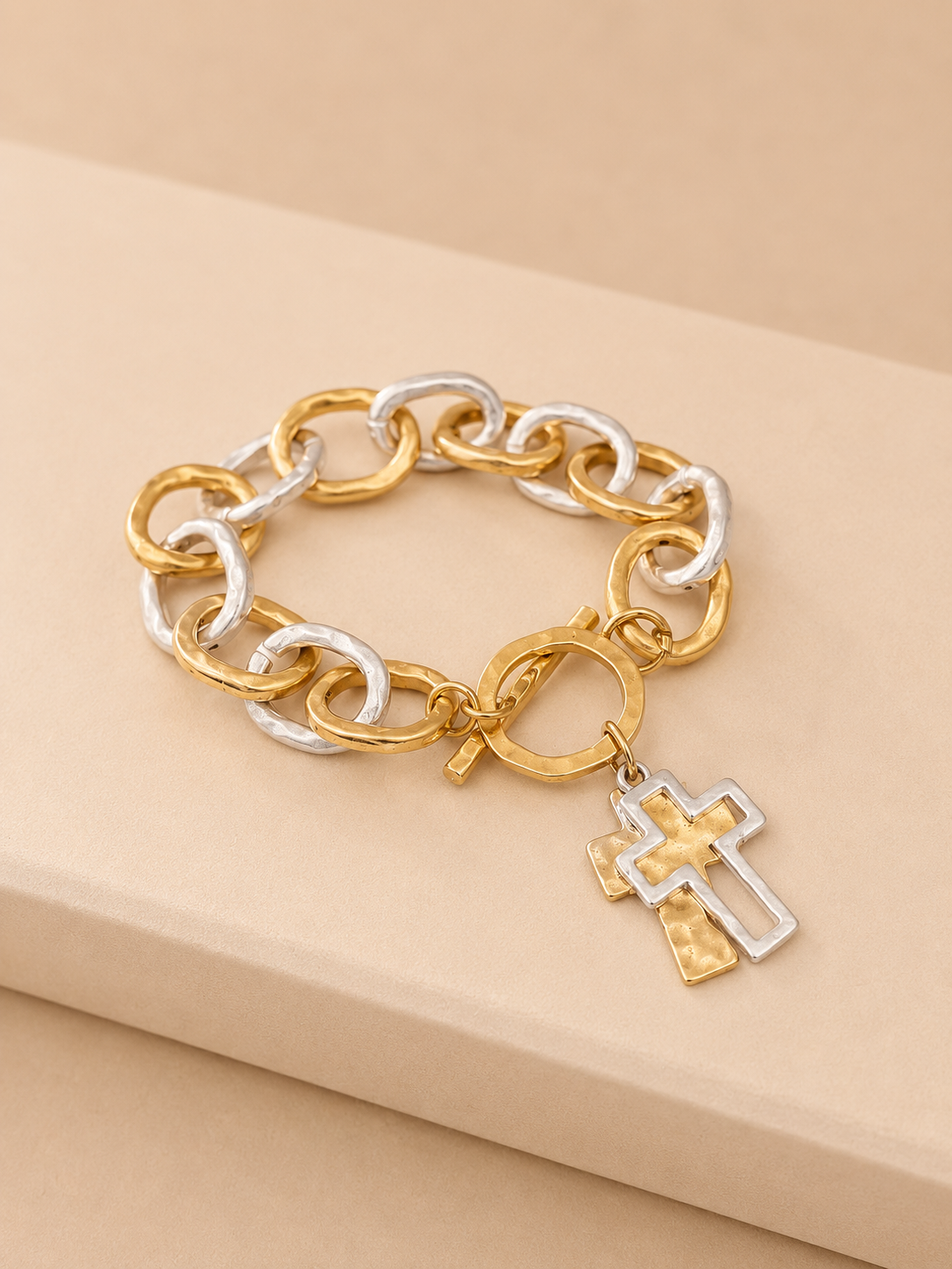 Mixed Metal Cross Charm Chain Bracelet