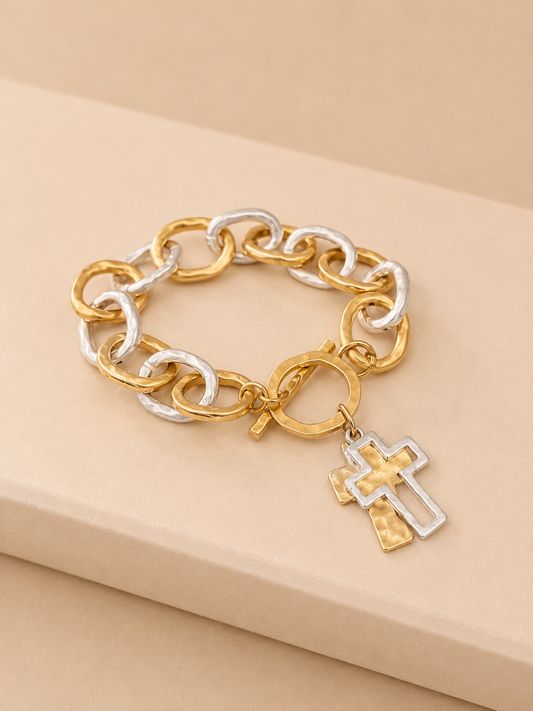 Mixed Metal Cross Charm Chain Bracelet
