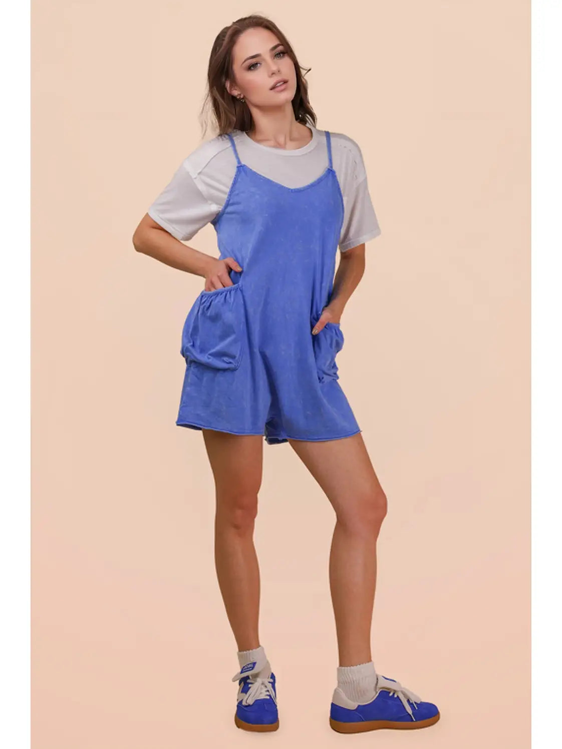Blue Mineral Washed Sleeveless Casual Knit Romper