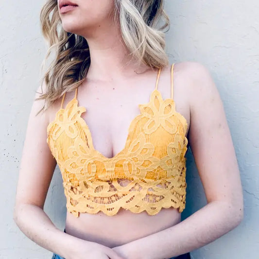 Lace Bralette With Smocked Back Detail Mustard
