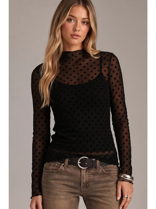 High Neck Fitted Sheer Mesh Lace Knit Top (Black Dot)