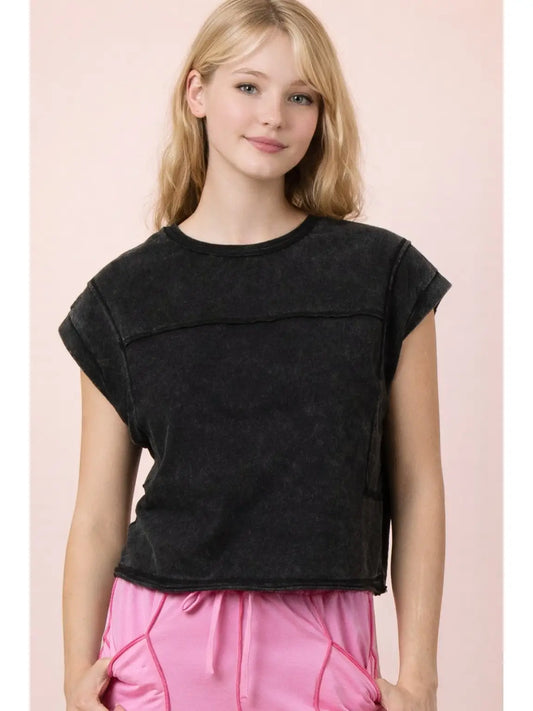 Mineral Washed Sleeveless Casual Knit Top Black