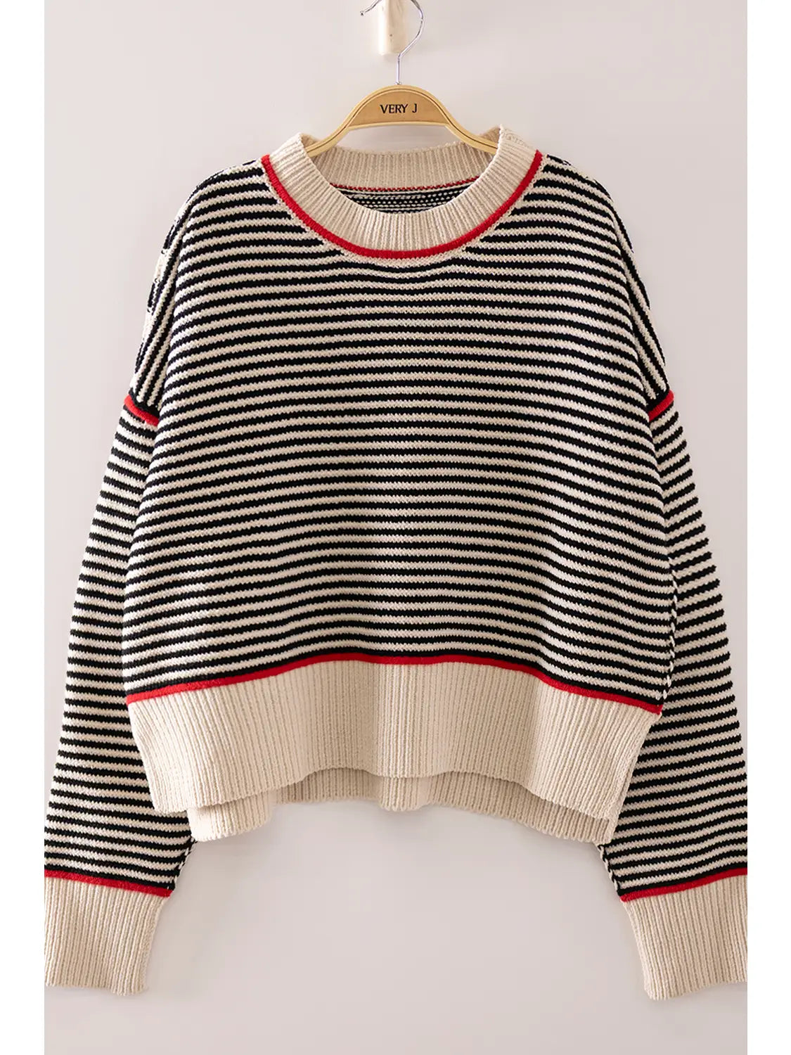 Red and Black Contrast Trim Stripe Knit Sweater
