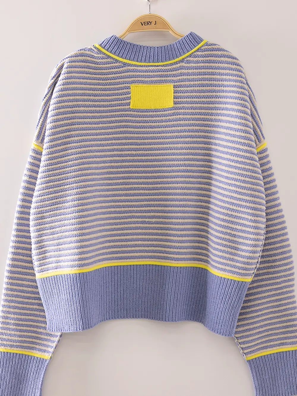 Blue and Yellow Contrast Trim Stripe Knit Sweater
