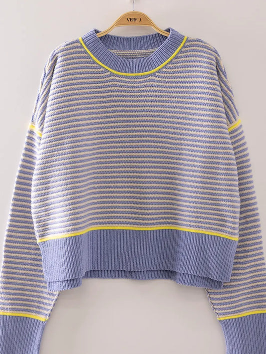 Blue and Yellow Contrast Trim Stripe Knit Sweater