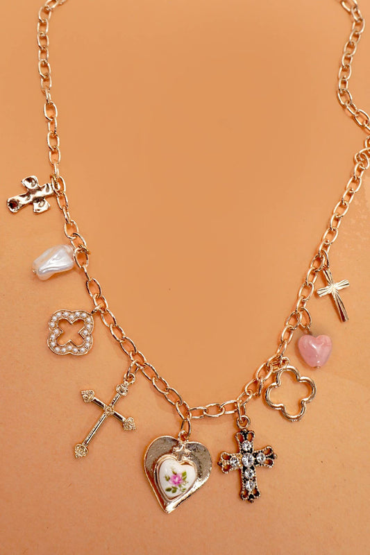 CHARM NECKLACE-CLOVER CROSS PORCELAIN FLOWER | 80N92003