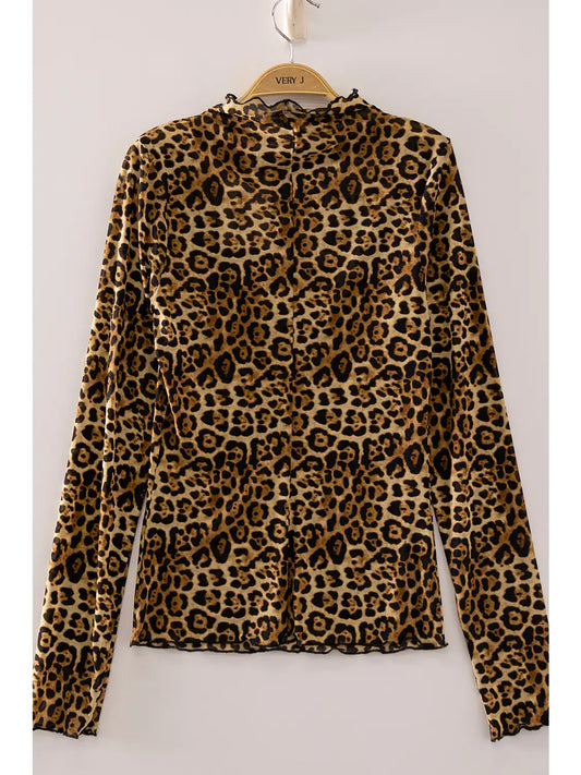 High Neck Fitted Sheer Mesh Lace Knit Top (Mocha Leopard)