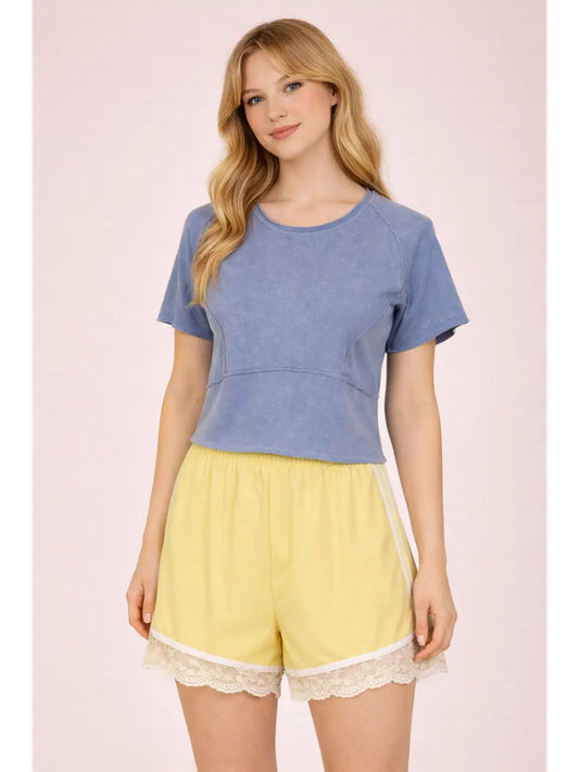 Blue Mineral Washed Knit Fitted Casual Crop Top
