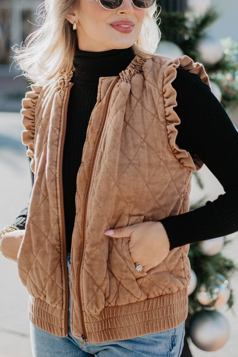 Quilted Ruffle Sleeve Vest  in Camel