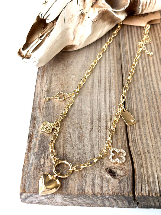Heart Multi Charm Link Chain Necklace