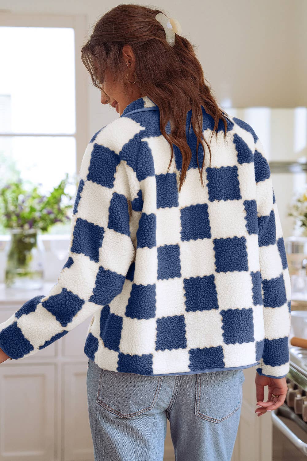 Checked Snap Button Sherpa Jacket