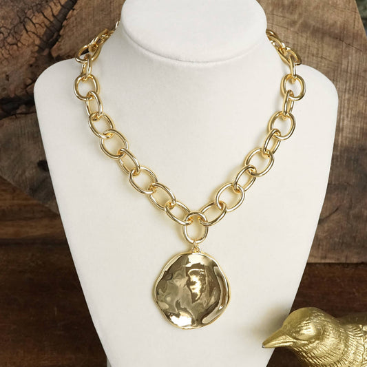 Chunky Chain & Hammered Disc Statement Necklace – Gold