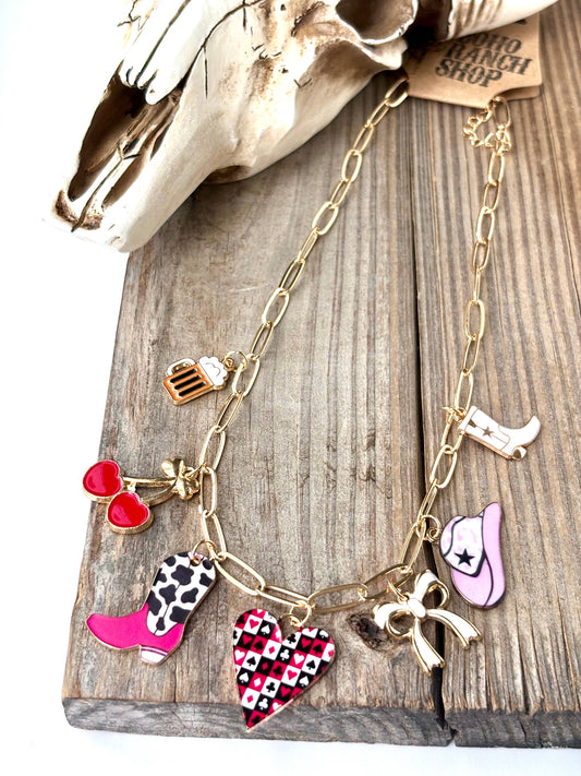 Colored Multi Charm Link Chain Necklace
