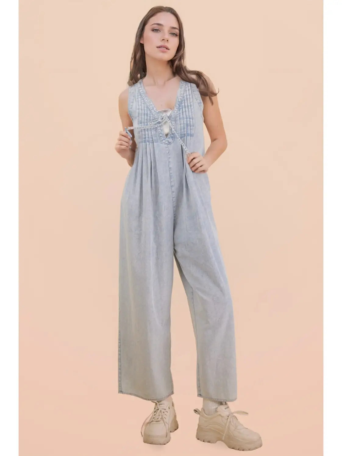 Pintuck Detail Washed Denim Wide Leg Jumpsuit