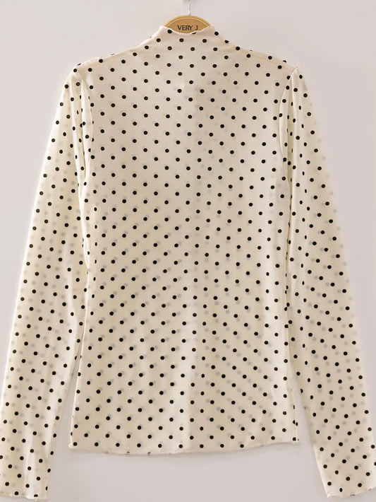 Polka Dot High Neck Fitted Sheer Mesh Lace Knit Top