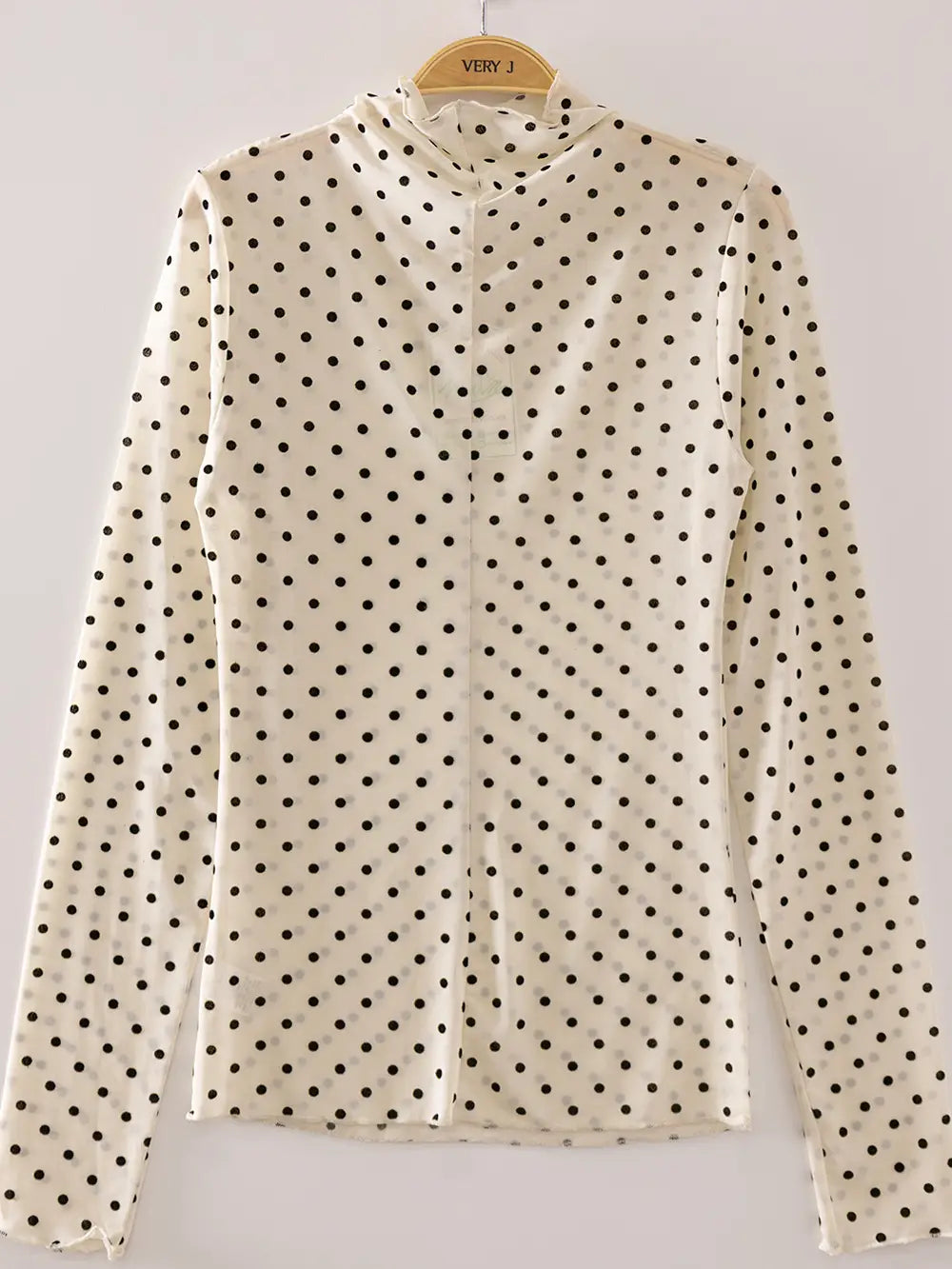 Polka Dot High Neck Fitted Sheer Mesh Lace Knit Top