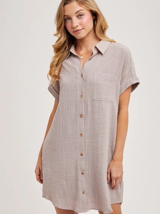 Button Up Shirt Dress with Pocket Mushroom