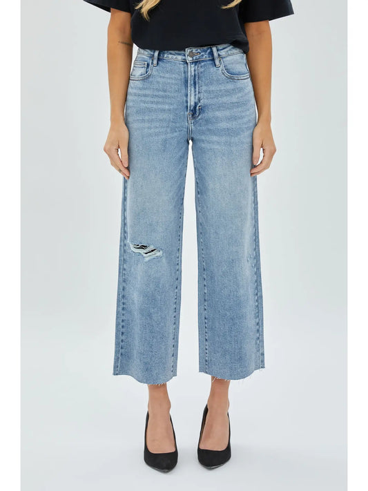 Hidden Nori Medium Wash High Waist Basic Raw Hem Wide Leg