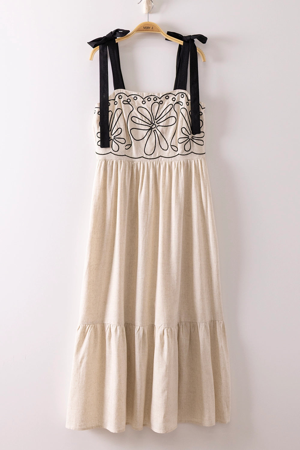 Oatmeal and Black Embroidery Midi Dress