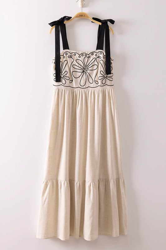 Oatmeal and Black Embroidery Midi Dress