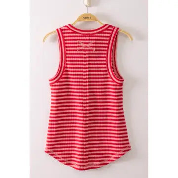 Striped & Solid Button Down Fitted Knit Tank Top Pink/Red